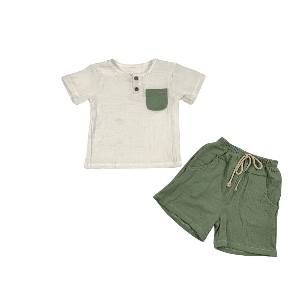 Custom crepe solid color kids summer short-sleeved suit button short-sleeved T-shirt shorts two-piece suit - Image 4