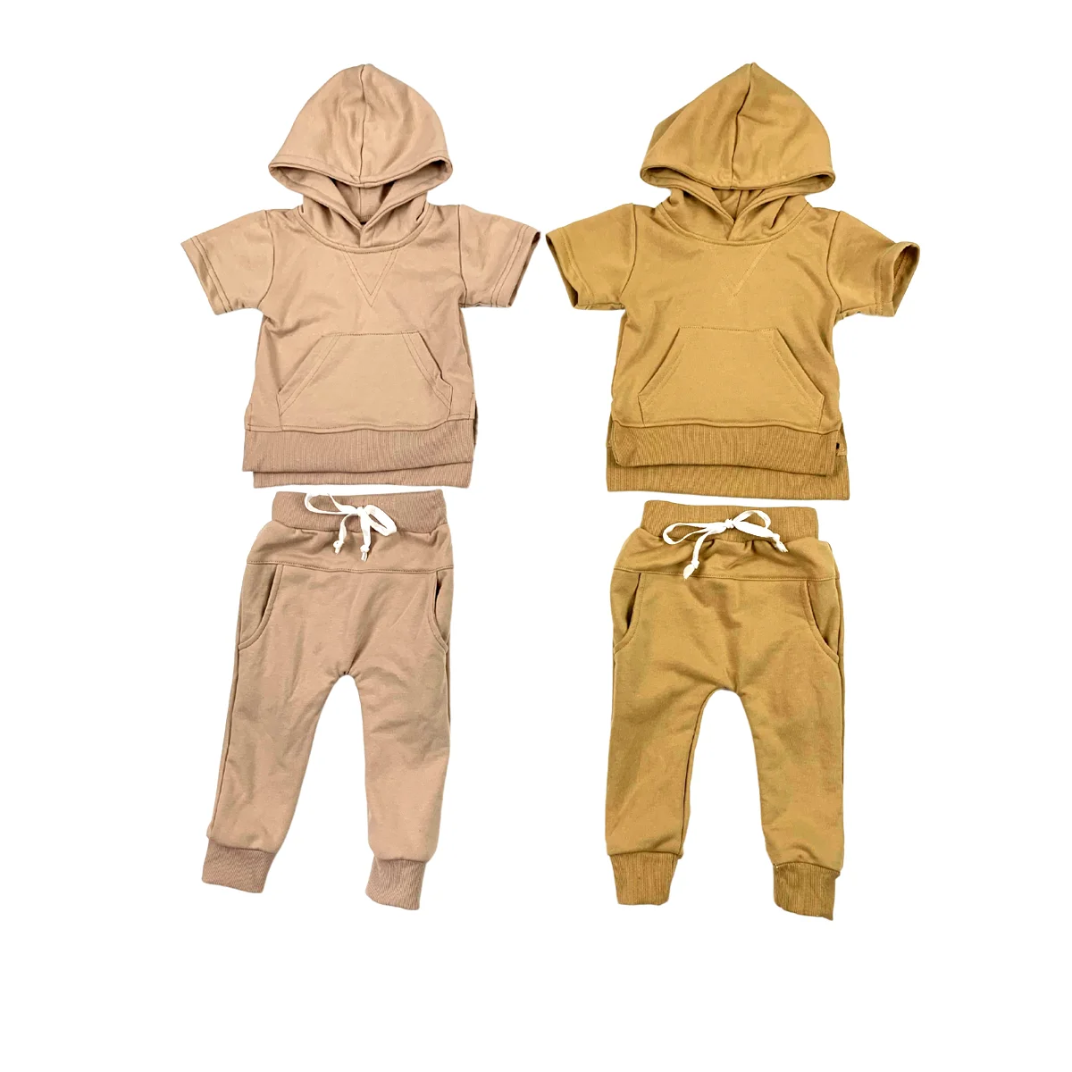 Custom Cotton Kids Hooded Solid Color Short-sleeved Trousers Two-piece Design Pocket Drawstring Trousers Suit - Image 6