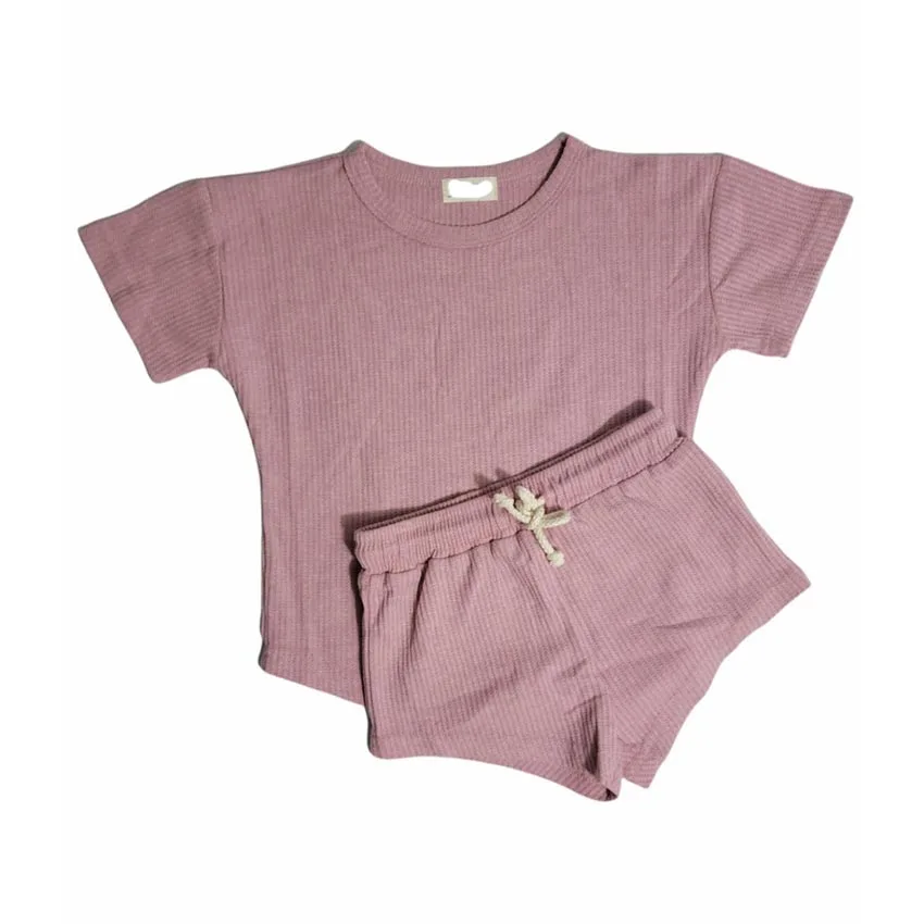 High Quality Baby Clothing Sets Waffle Stretch Tshirt Matching Drawing Short Lounge Set Unisex Outfit - Image 2