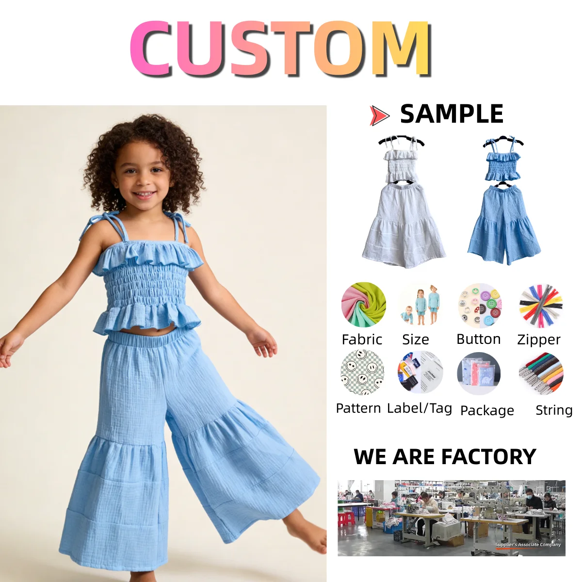 Girl's Outfit Two-Piece Kids Clothes Set Girls' Jenner Crepe Set Summer Suit Clothing of Suspenders and Flared Pants Set