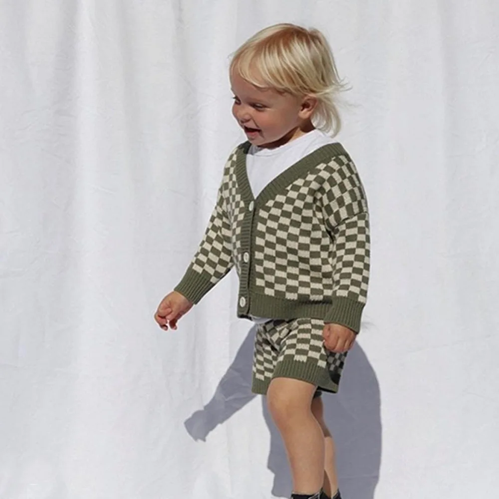 Factory Spring Kids Warm Plaid Buttons Sweater Set V-neck Long Sleeve Cardigan Shorts Knitwear Baby Suits - Image 5
