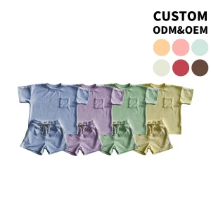 OEM Mom and Mini Adult Boys Girl Summer Outfit Terry Towel T-shirt & Shorts Set Solid Color Breathable Soft Beach Clothing