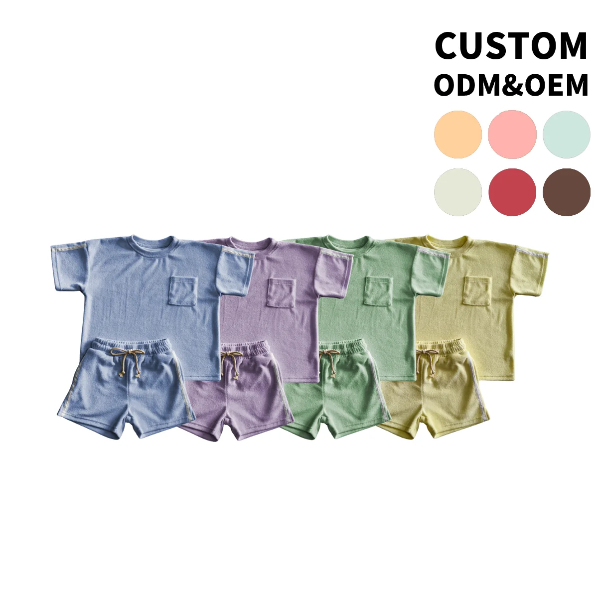 OEM Mom and Mini Adult Boys Girl Summer Outfit Terry Towel T-shirt & Shorts Set Solid Color Breathable Soft Beach Clothing