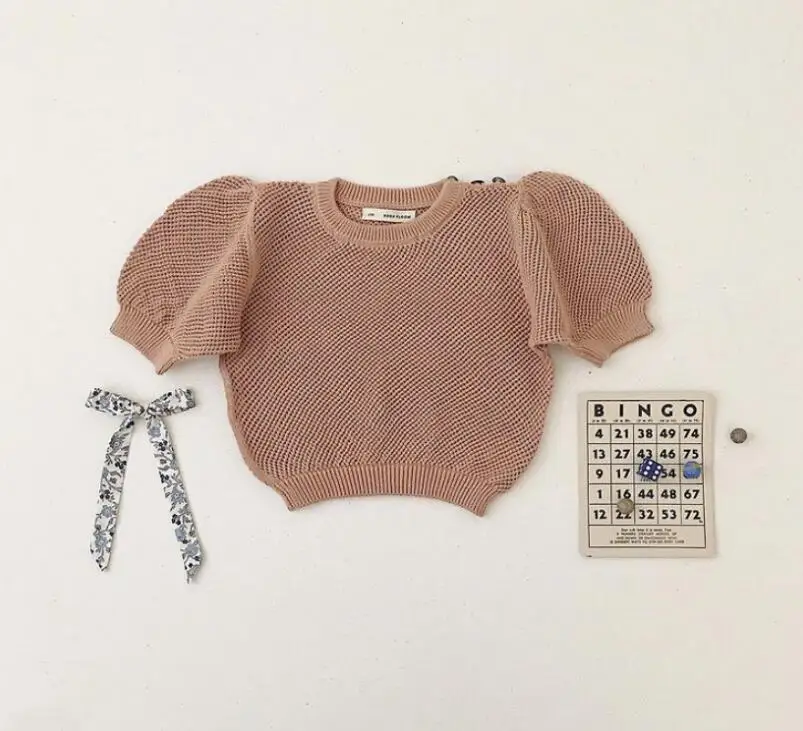 2024 New Summer Knitting Solid Color Puff Sleeve Shirt Toddler Girls Boutique Outfits T-shirt - Image 4