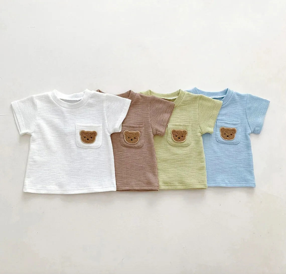 Boys Teddy Pocket Outfit Short-sleeved T-shirts and Bottoms Set Children Ribbed Cotton Baby Clothes - Image 5