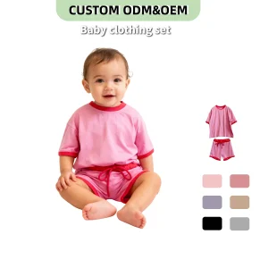 Customized Kids Clothes Set Baby Summer Bamboo Outfits Checkerboard Short Sleeve T-Shirt Elastic Waist Shorts Set