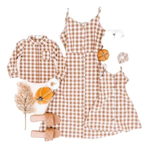 Custom Family Matching Dresses Mommy and Me Outfits 100% Cotton Checkered Adjustable Shoulder Dress with Match Button Shirt