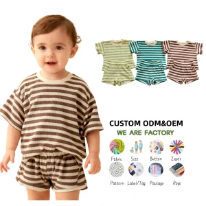 Summer Kids Waffle Cotton Stripe Pullover T-shirt and Short Set Boys Girls Baby Casual Clothing Set