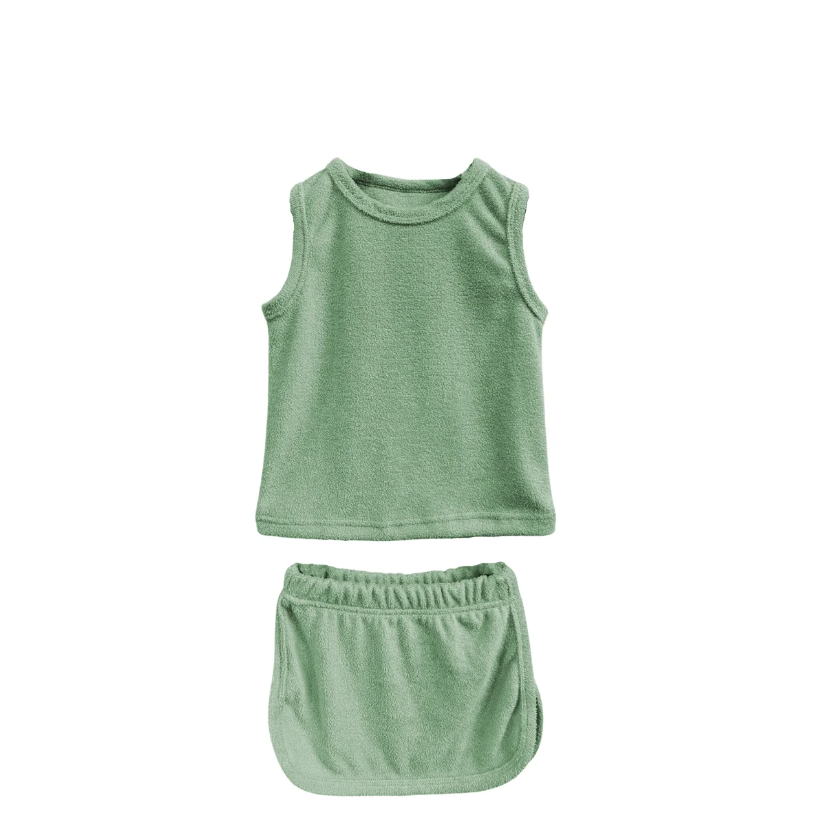 Solid Terry Cloth Cotton Sleeveless Tank Top and Shorts 2-Piece Set for Kids Boys Girls Casual Style for Summer Outdoor Play - Image 4