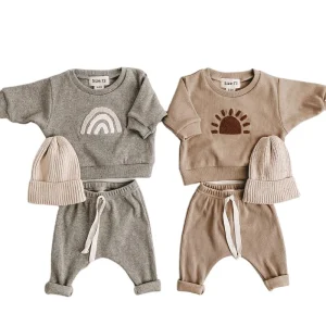 In Stock Autumn Winter Baby Long Sleeve Embroidery Clothing Set Sweatshirt and Trouser Kids Tracksuits with Knitted Hat 3pcs