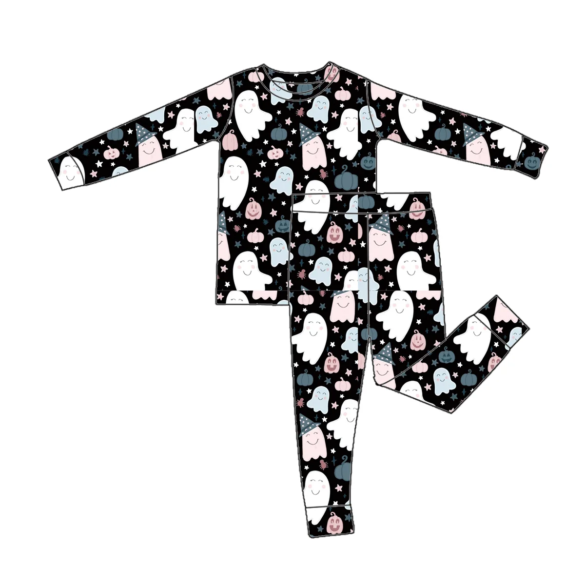 OEM Kids Toddler Unisex Bamboo Pajamas 2pcs Romper Halloween Pumpkin Ghost Pattern Soft Cute Baby Long Sleeve Set - Image 5