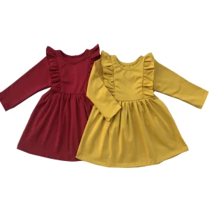 Fall & Winter Lotus Leaf Ruffle Onsie Baby Girl Dress Blank Raglan Long Sleeve Smocked Knit Cotton Bust Ruffle Party Kids Dress