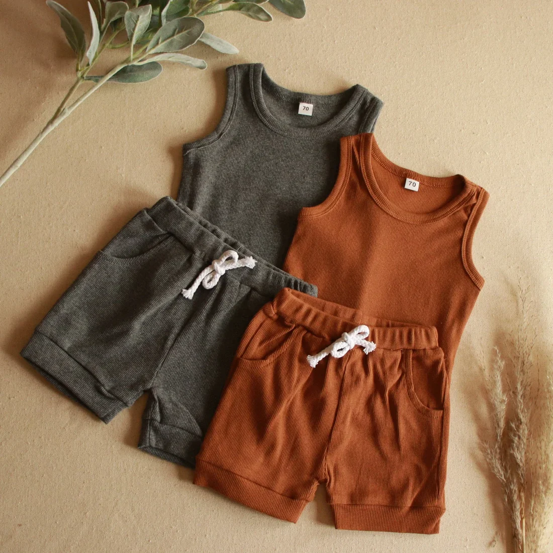 Custom Knitted Rib Cotton Solid Casual Sleeveless Unisex Baby Clothing Sets for Summer - Image 2
