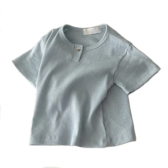 Custom Summer Rib Cotton Solid Color Baby Short Sleeve Top Candy Color Button Crewneck T-shirt for Baby Unisex