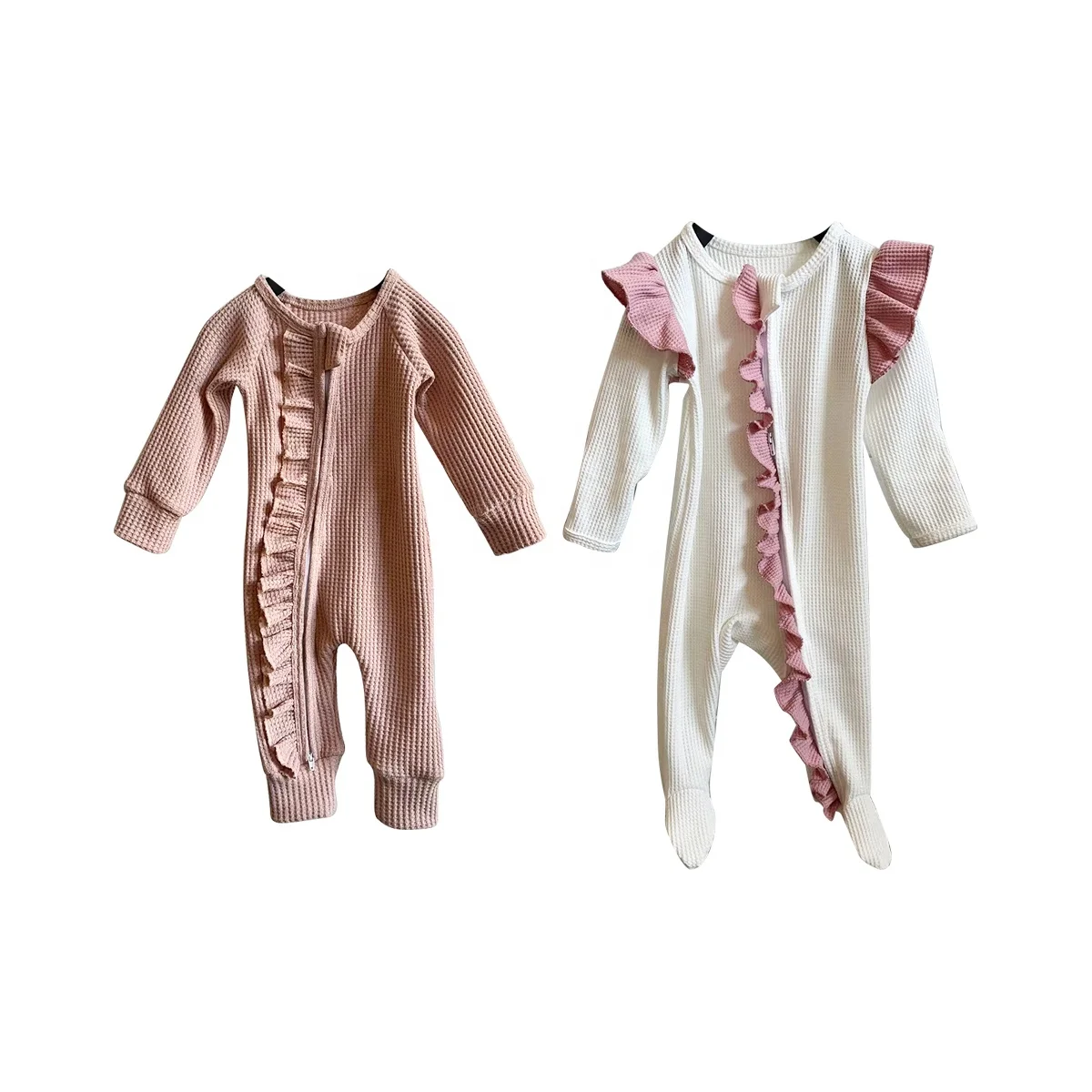 Custom Baby Ruffle Romper Waffle Knit Cotton Soft and Elastic Newborn Baby Girl Gift Pajamas Romper