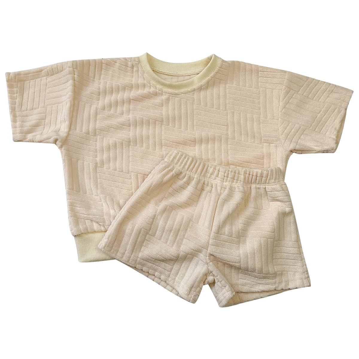 Custom Summer Checkered Baby Towel Fabric 2pcs Short Sleeve Jogger and Short Pants Set - Image 3