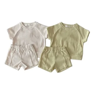 Custom Baby Toddler Waffle Cotton Summer Short-Sleeve Ribbed Top and Bloomer Shorts Clothing Set