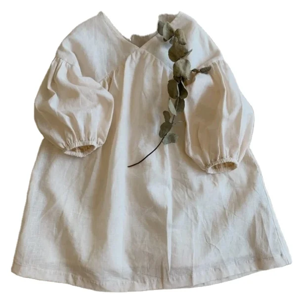 Spring Summer Girls Light and Breathable Dress V-neck Loose Solid Color Linen Cotton Dress Spanish Baby Clothes