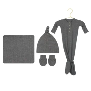 Hot Sell Unisex Baby Layette Knotted Gowns with Stretchy Knit Baby Blankets and Knot Hat Newborn Baby Clothes Bundle