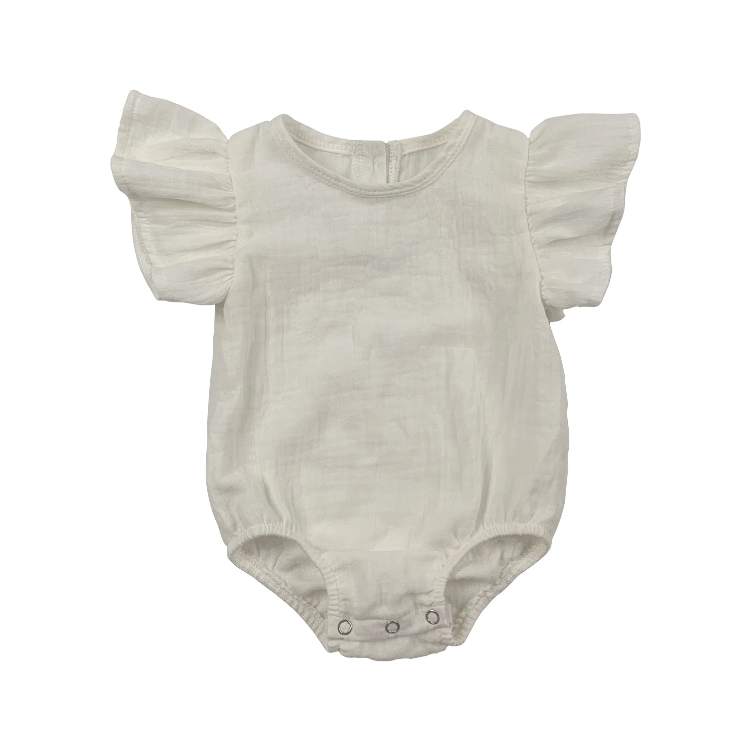 Wholesale Muslin/crepe 100% Cotton Solid Color Breathable Ruffle Sleeves Baby Rompers for Summer - Image 2