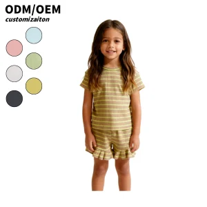 OEM Kids Clothes Set Toddler Baby Girl Summer Clothes Ruffle Ribbed Knit Short Sleeves T-Shirt Tops + Shorts Cute Outfits Set