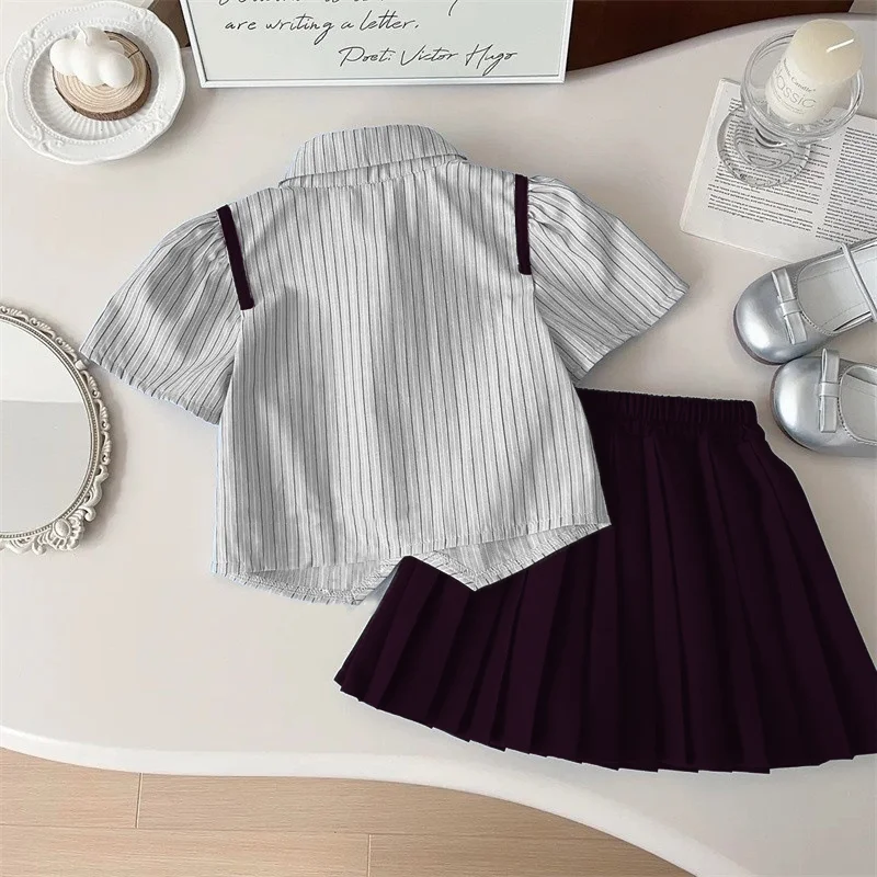 New and Popular Summer Kids Campus Style Set Fashionable and Trendy Pleated Skirt with Striped Shirt for Baby Boys and Girls - Image 5