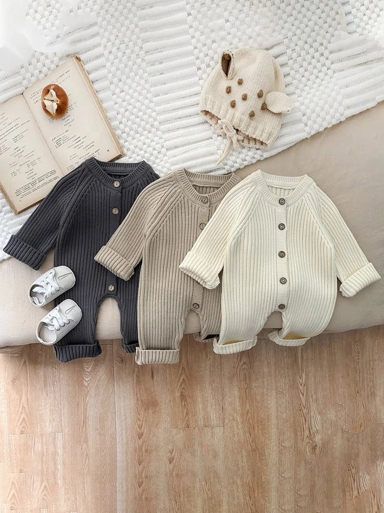 RTS Knit Newborn Baby Winter Solid Sweater Long Sleeve Button Romper - Image 3