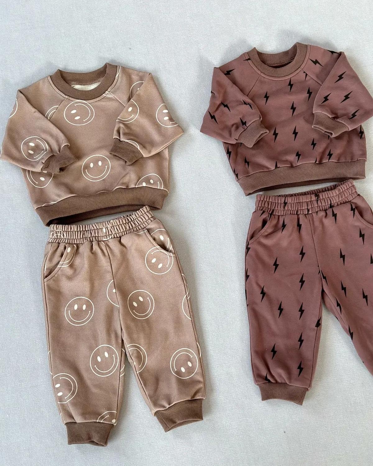 Ready to Ship Spring Autumn Children's Boys and Girls Set French Terry Lightning Print Casual High-quality 2-piece Set