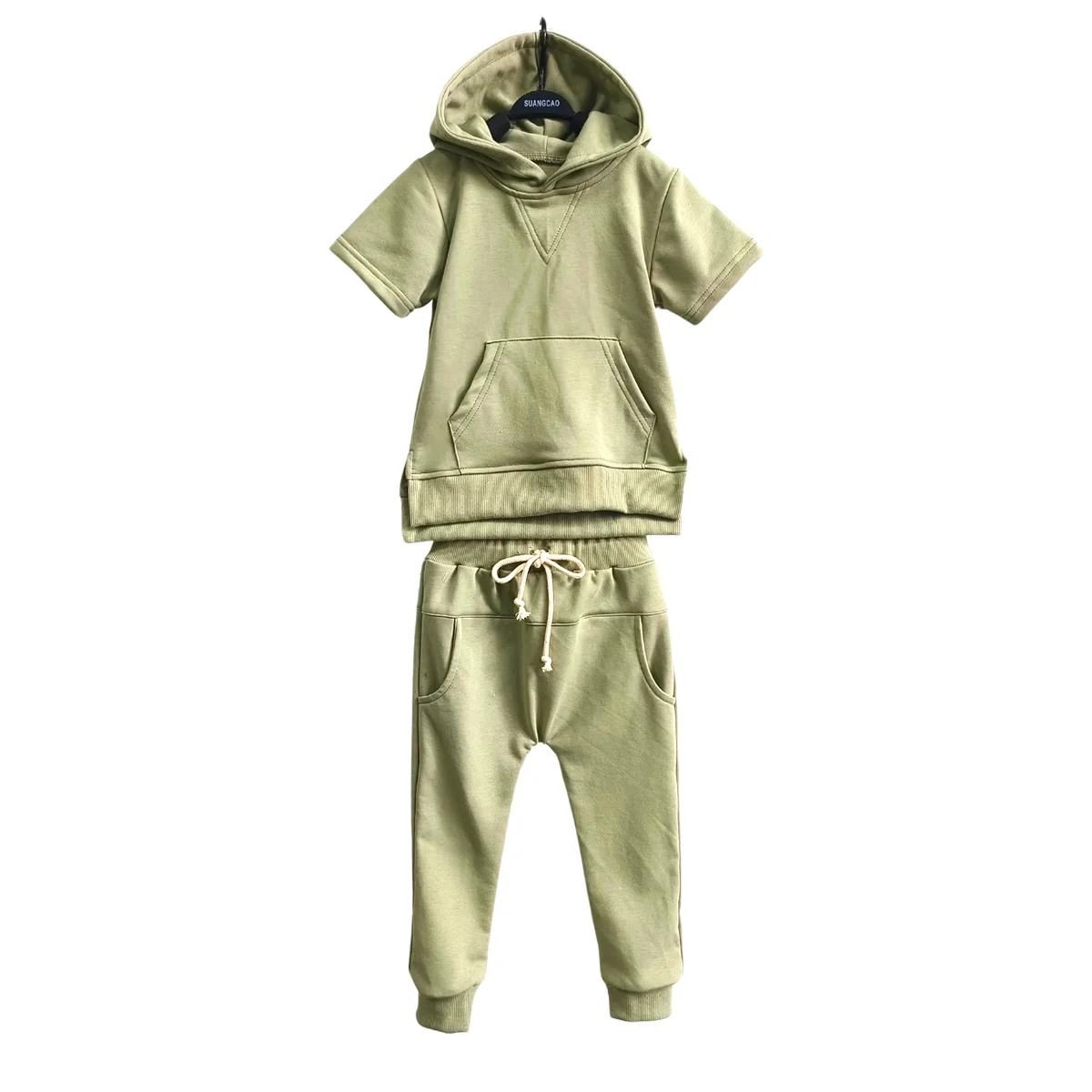 Custom Cotton Kids Hooded Solid Color Short-sleeved Trousers Two-piece Design Pocket Drawstring Trousers Suit - Image 2