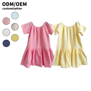 Wholesale Crepe Dress for Kids O-Neck Casual Solid Pattern with Ruffle Sleeves Summer Children's Clothing Customizable for Girls