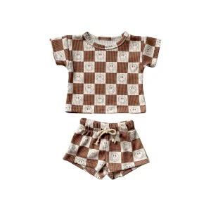 Trending Waffle Cotton Short Sleeve Smile Pattern Fashion Baby Clothing Sets for Summer