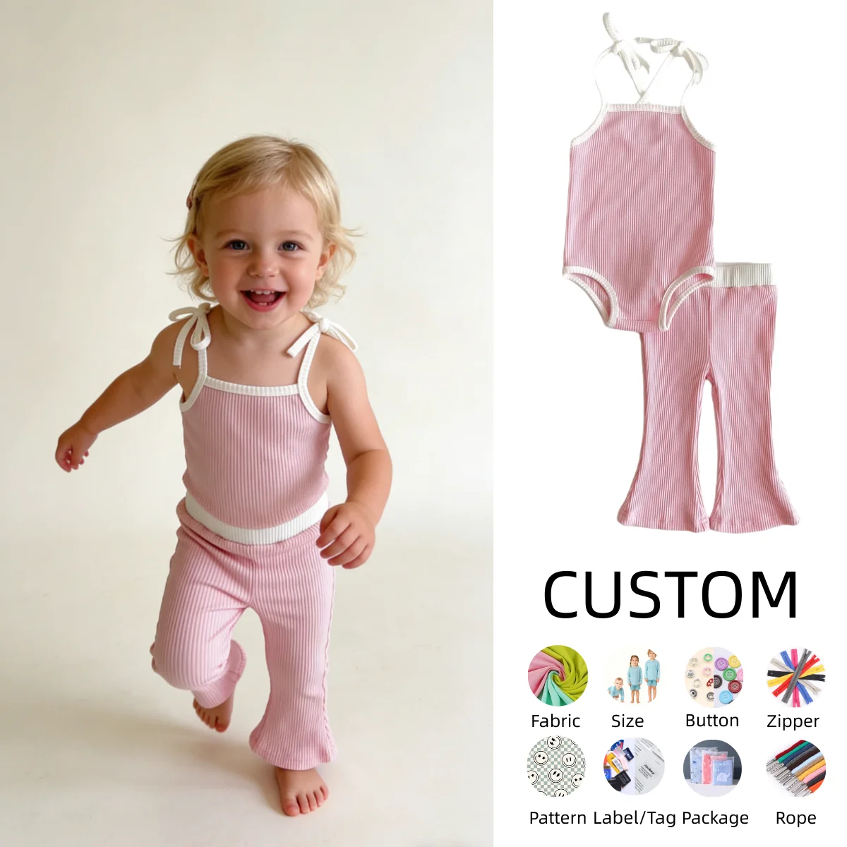 Customized Kids Clothes Set Toddler Baby Girl Summer 2Pcs Outfit Sleeveless Rib Cotton Top and Shorts Set Solid Color Clothes