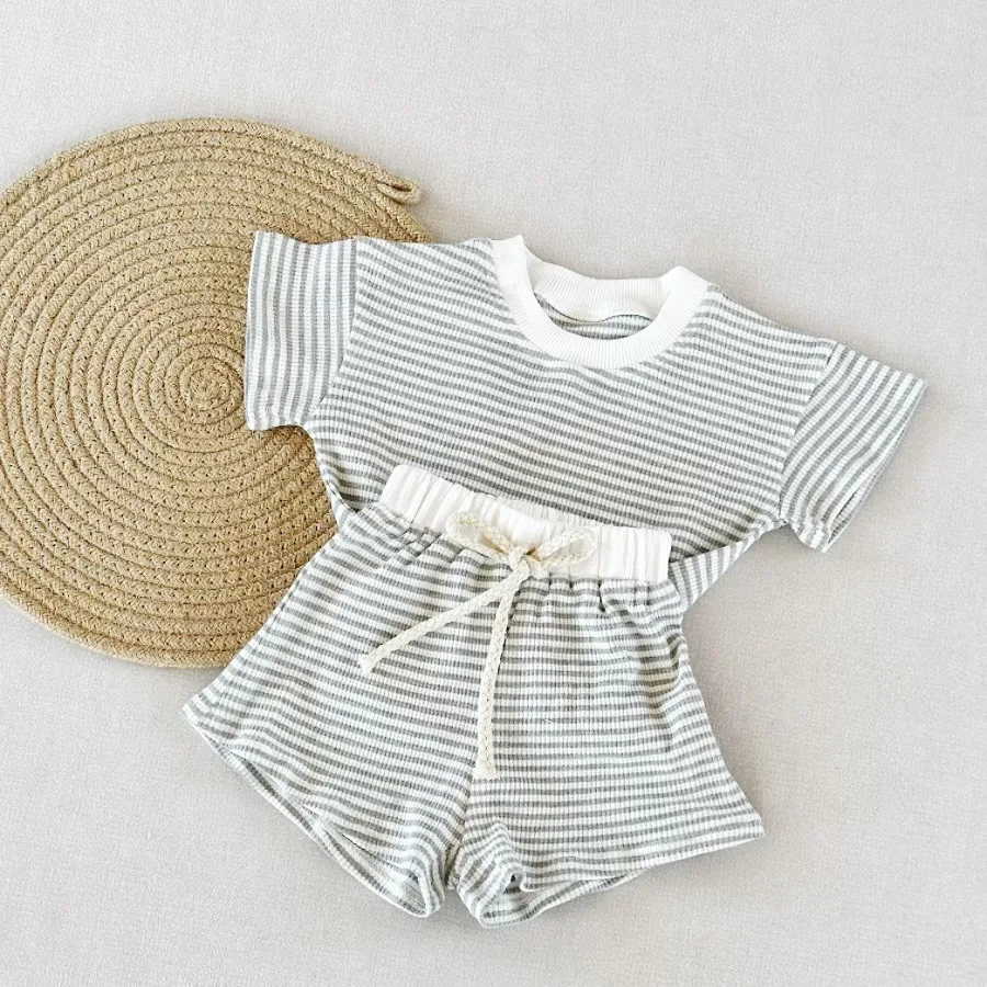 Ready to Ship Summer Children's Waffle Cotton Short Sleeve and Shorts Two-piece Set Kids Casual Suit - Image 4