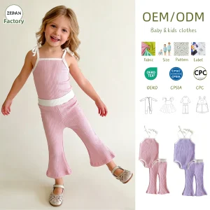 Girl's Outfit Two-Piece Ribbed Baby Girls Set Halter Neck Bodysuit with Contrast Binding and Flared Pants Toddler Outfit 0-10T