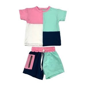 Newly Designed Boutique Summer Color Block Kids Boys Girls Cotton Jersey T Shirt and Shorts Casual Boy Baby Clothes