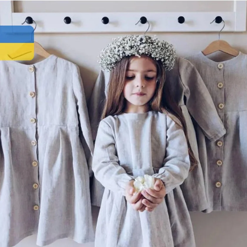 Custom Spring and Autumn Baby Girl Different Sizes Color Linen Wooden Buttons on the Back Long-sleeved Dress - Image 5