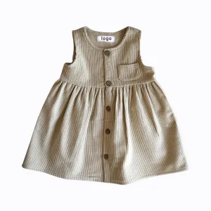 Vintage Custom Baby Girl Dress Soft Corduroy  Solid Color Toddler Girls Summer tank Pocket Dress with Label