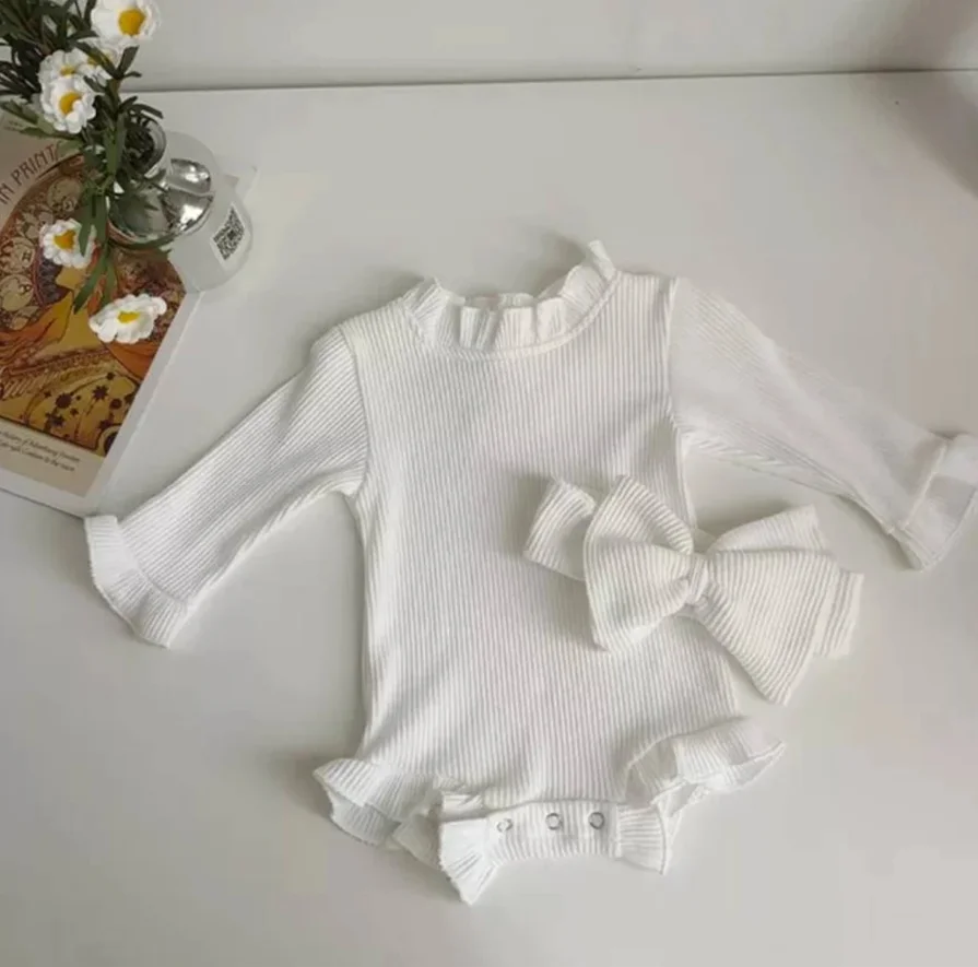 Baby Girl Romper & Bow Set Newborn Infant Ribbed Flared Sleeve Jumpsuit Baby Gift Newborn Cotton Bow and Romper Outfit - Image 5