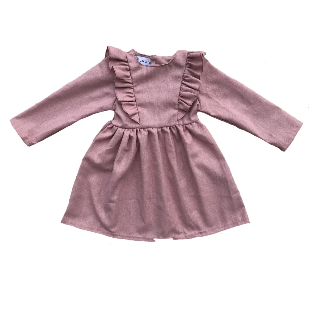 Custom Little Baby Girl Linen Cotton Blend Long Sleeve Ruffle Shoulder Dresses - Image 3