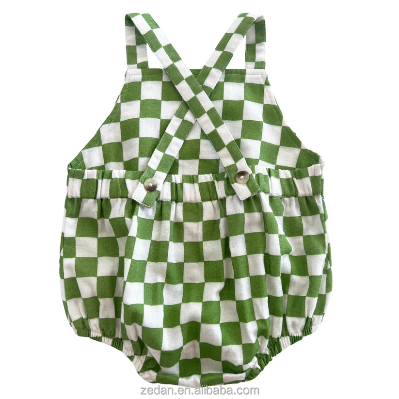 Top Sale Linen Cotton Neutral Baby Sleeveless Checker Button Baby Romper Custom for Summer - Image 6