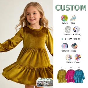 Wholesale Girl's Dress O-Neck Dress With Korean Wool Long-sleeved Plaid Autumn Baby Clothing Patchwork Girls' Dress for 0-8T