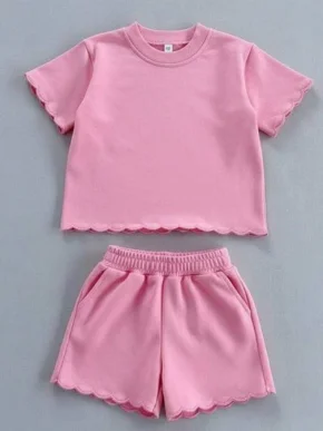 Top Selling Unisex Kids Candy Color Solid French Terry Scallop Sweatshirt Casual 2 Pcs Set for Baby Kids Kids Clothes Set - Image 5