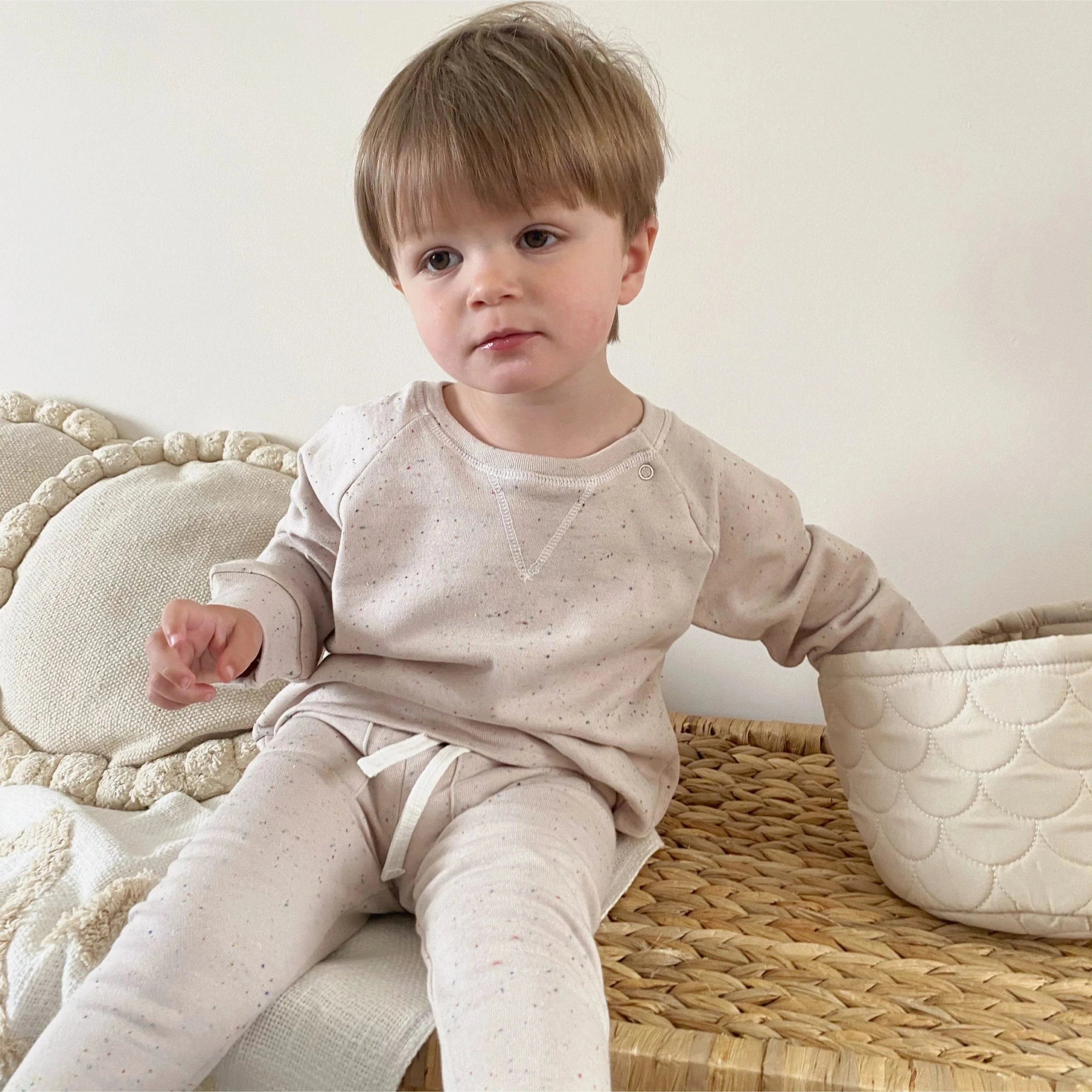 Speckled Terry Toddler Spring Long Sleeve Crewneck Jumper Shirt Drawstring Shorts Casual Suits - Image 4