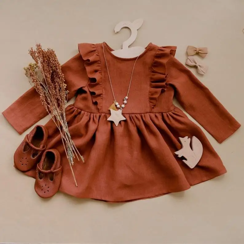 Australian Style Fashion Linen Baby Dress Girls Clothing with Flutter Long Sleeve for Autumn Solid Pattern Mixed Type Children - Image 4