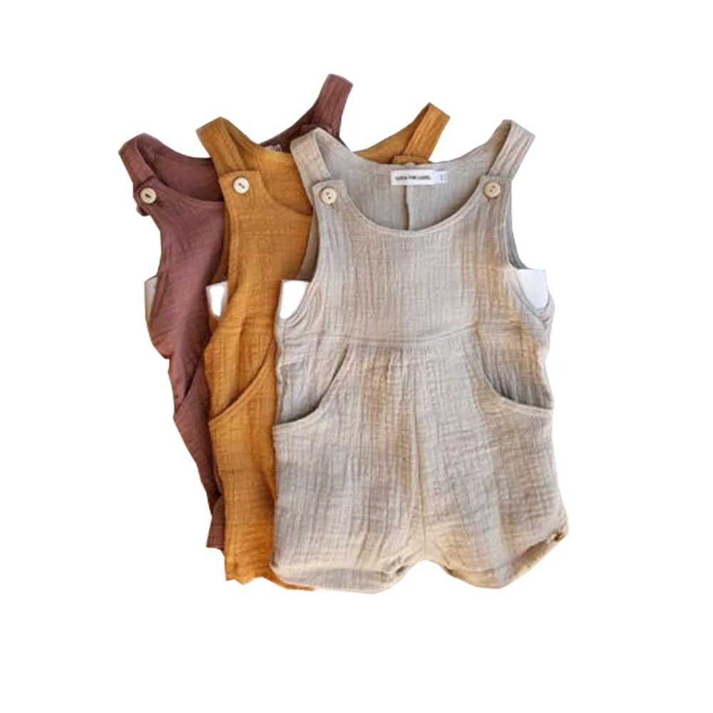 New Product Muslin Jumpsuit Button Overall Shortall with Pocket Baby Romper for Summer