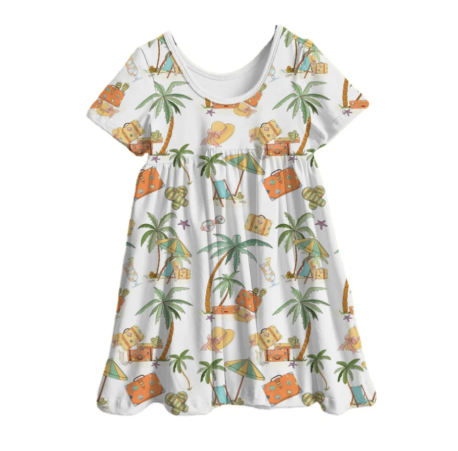 Summer Fruit Ice Cream Bamboo Print Baby Girls Dress Back to School Pattern Casual Short Sleeve Kids Dresses - Image 2