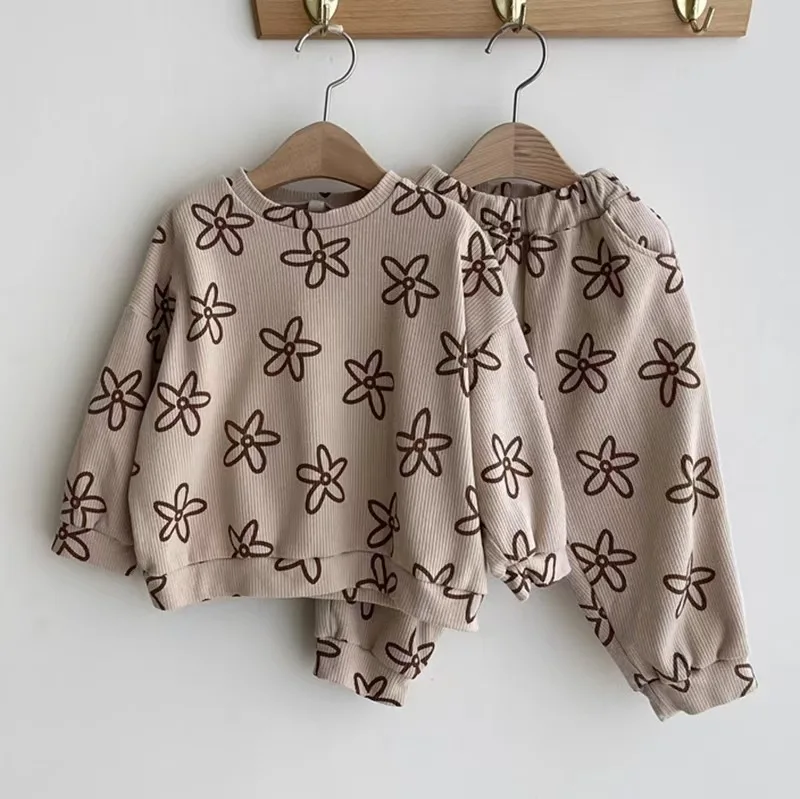 Wholesale Toddler Spring Autumn Custom Print Pattern Waffle Cotton Baby Clothes Long Sleeve Casual Set - Image 3