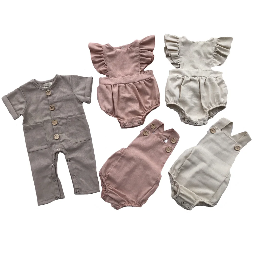 Custom New Design Solid Color Cotton Linen Casual Sleeveless Kids 2 Piece Clothes Set - Image 5