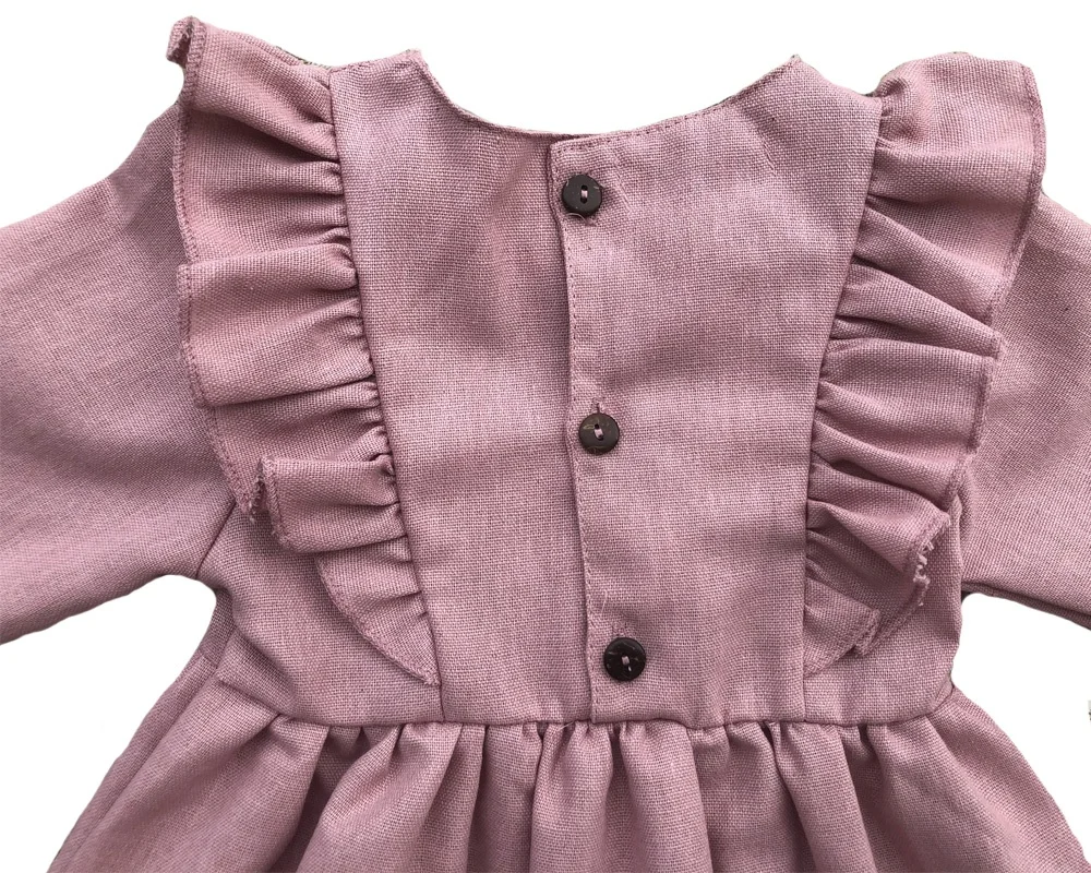 Custom Little Baby Girl Linen Cotton Blend Long Sleeve Ruffle Shoulder Dresses - Image 4