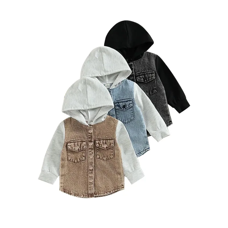 Custom Fall Button Baby Kids Washed Denim Coat Block Cotton Hood Jacket
